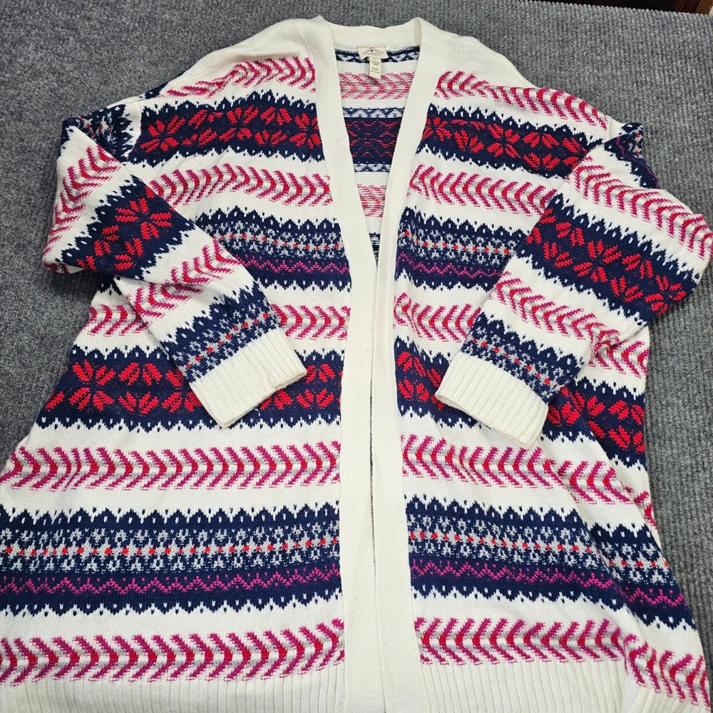 St John's Bay Cardigan Women 3X White Fair Isle Open Front Sweater Geometric